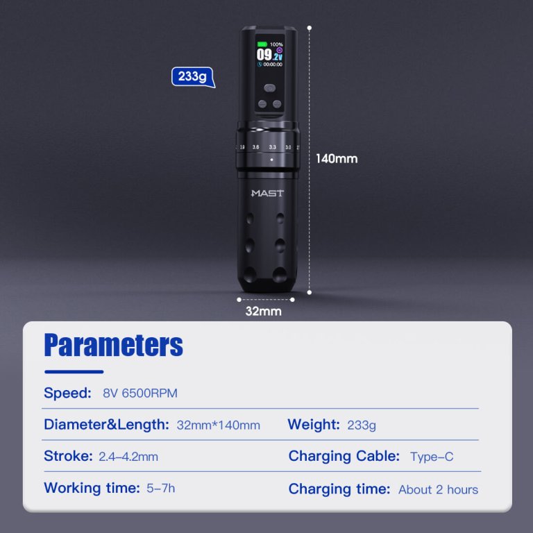 Dragonhawk Wireless Tattoo Pen Machine 2.4-4.2MM Strokes Length | Mast Fold 2 Pro (2 Batteries ver.)