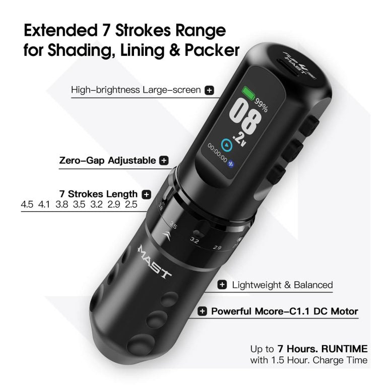 Dragonhawk Wireless Tattoo Pen Machine 2.5-4.5MM Strokes Length | Mast Flip 4 Pro ( With RCA Adapter)