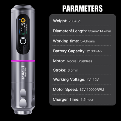 Dragonhawk Wireless Tattoo Pen Machine with 3.5MM Stroke Brushless Motor Color Screen | Mast Archer 2