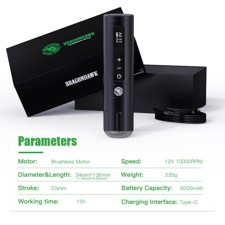 Dragonhawk Wireless Tattoo Pen Machine with 3.5MM stroke Brushless Motor 5000mAh | X10