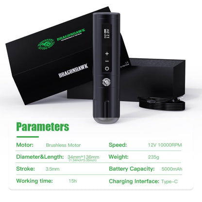 Dragonhawk Wireless Tattoo Pen Machine with 3.5MM stroke Brushless Motor 5000mAh | X10