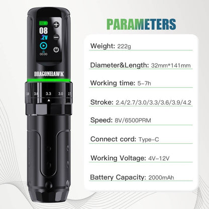 Dragonhawk Wireless Tattoo Pen Machine with 7 Stroke Length | L3