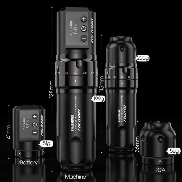 Dragonhawk Wireless Tattoo Pen Machine with 7 Stroke Lengths | Fold Pro (2 Batteries ver.)