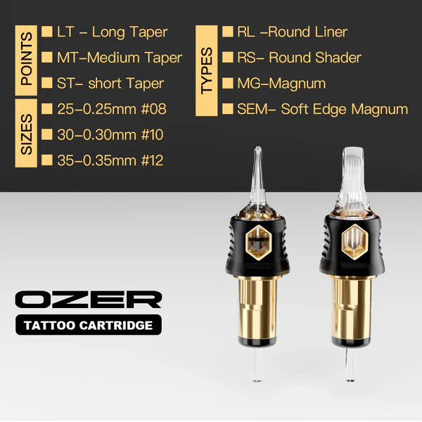 OZER Professional Tattoo Cartridge Needles, 20-Pack Medical-grade disposable tattoo needles suitable for all tattooing procedures