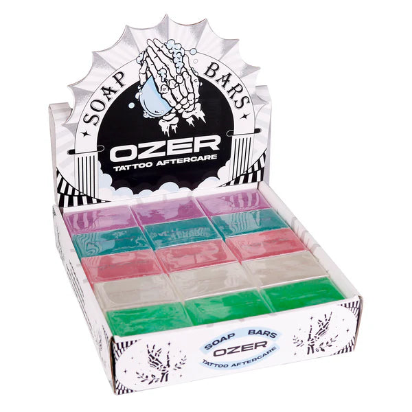OZER Tattoo Care Soap Set - 5 Fragrances (Cucumber \ Clear Candy \ Blue Mint \ Pink Strawberry \ Purple Grape), 50g per bar, suitable for post-tattoo care and skin cleansing
