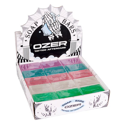 OZER Tattoo Care Soap Set - 5 Fragrances (Cucumber \ Clear Candy \ Blue Mint \ Pink Strawberry \ Purple Grape), 50g per bar, suitable for post-tattoo care and skin cleansing