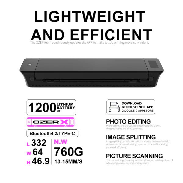 OZER X Tattoo Transfer Printer Wireless Thermal Tattoo Printer Portable Printer Ideal for Tattoo Artists and Beginners Compatible with Phones, Tablets, and Computers