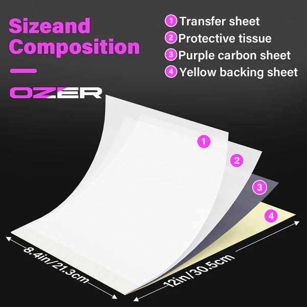 OZER Tattoo Transfer Paper 50 or 100 sheets available Professional-grade thermal transfer paper Easy to use Four-layer construction A4 size Tattoo-specific template paper