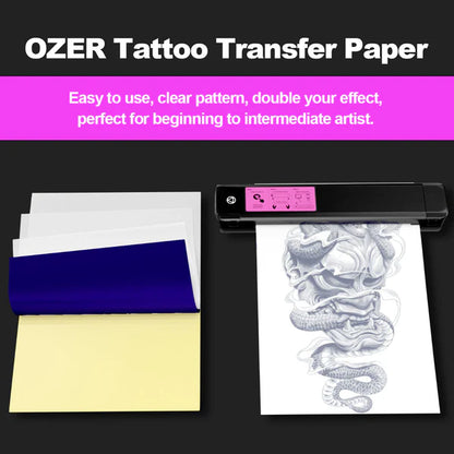 OZER Tattoo Transfer Paper 50 or 100 sheets available Professional-grade thermal transfer paper Easy to use Four-layer construction A4 size Tattoo-specific template paper