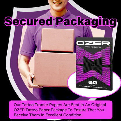 OZER Tattoo Transfer Paper 50 or 100 sheets available Professional-grade thermal transfer paper Easy to use Four-layer construction A4 size Tattoo-specific template paper